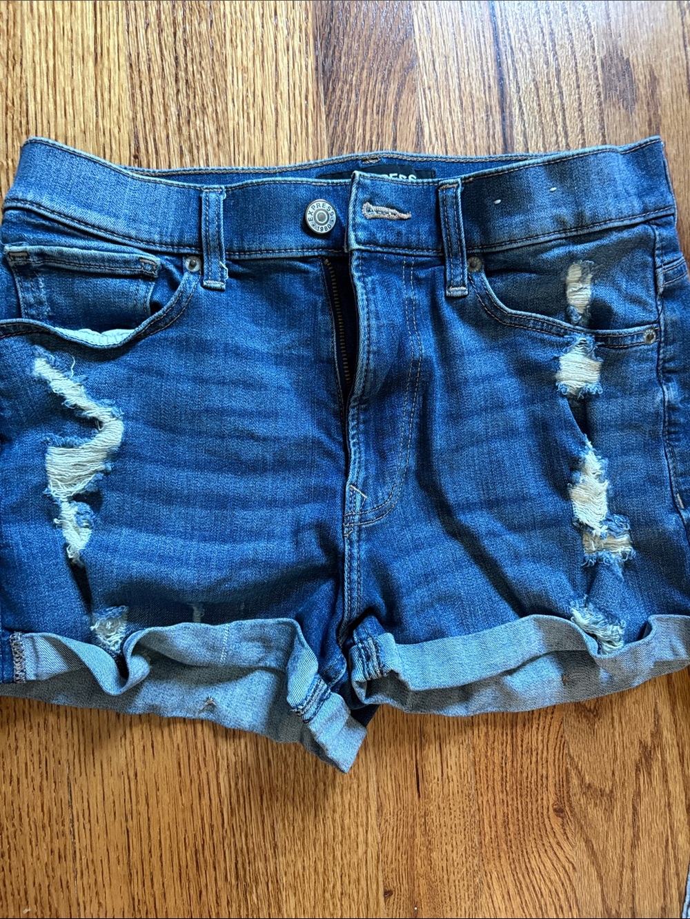 Express Distressed Rolled-Hem Jean Shorts - Blue (Size 6)